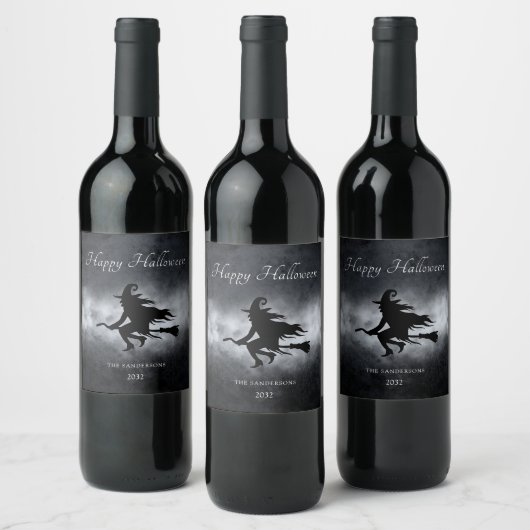 Happy Halloween-vliegende heks gepersonaliseerd Wijn Etiket