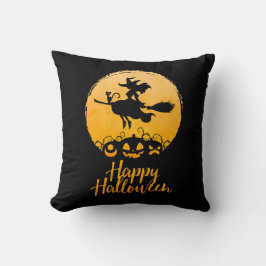 Happy Halloween-vliegende heks met kat en pompoene Kussen