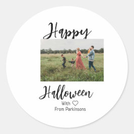 Happy Halloween voeg familienaam foto toe zwart si Ronde Sticker
