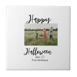 Happy Halloween voeg familienaam foto toe zwart si Tegeltje
