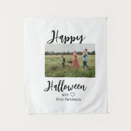 Happy Halloween voeg familienaam foto toe zwart si Wandkleed
