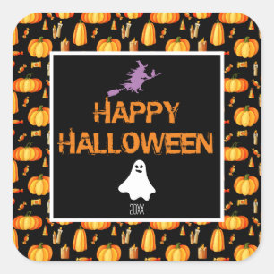 Happy Halloween W/Pumpkins Witch en Ghost Vierkante Sticker