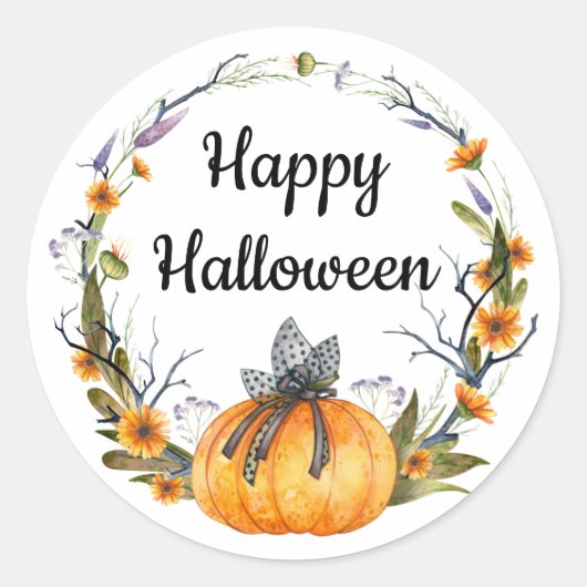 Happy Halloween Waterverf Pumpkin Wreath Ronde Sticker (Voorkant)