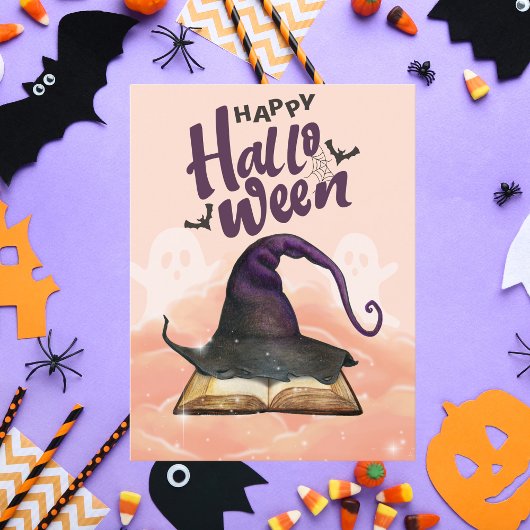 Happy Halloween Waterverf Witch Pet en Spellbook Feestdagenkaart
