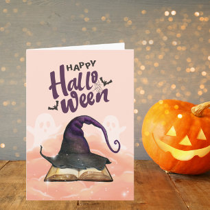 Happy Halloween Waterverf Witch Pet en Spellbook Kaart