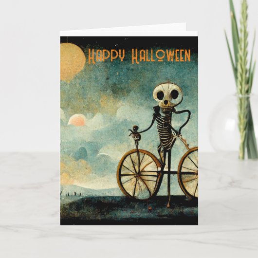 Happy Halloween Wenskaart Skelet Bicycle Feestdagen Kaart (Voorkant)