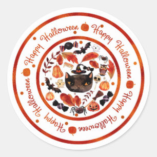 Happy Halloween Whimsical Black Cat Waterverf Ronde Sticker