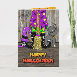 Happy Halloween Whimsical Witch, Broom en Cat Feestdagen Kaart