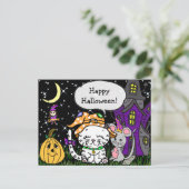 Happy Halloween White Cat and Mouse Cute Briefkaart (Staand voorkant)