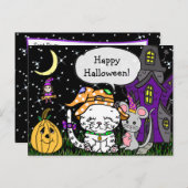 Happy Halloween White Cat and Mouse Cute Briefkaart (Voorkant / Achterkant)