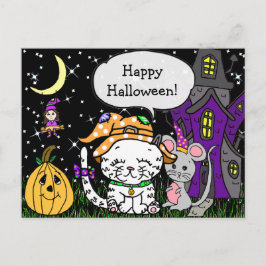 Happy Halloween White Cat and Mouse Cute Briefkaart