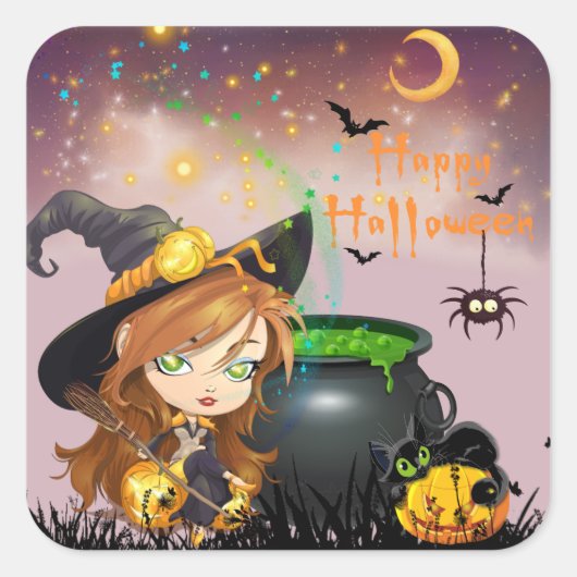 Happy Halloween Witch Brew en Pumpkins Vierkante Sticker (Voorkant)