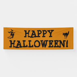 Happy Halloween Witch Broomstick Black Cat Sinaasa Spandoek