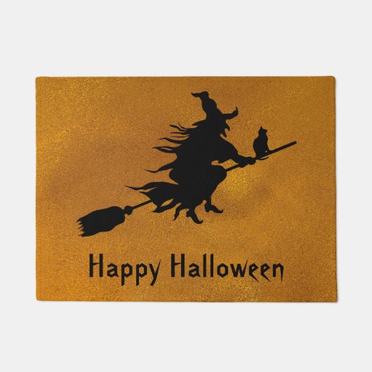 Happy Halloween Witch & Cat op een Broom Silhouett Deurmat (Voorkant)