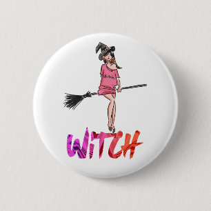 Happy Halloween Witch die op Broom staat Ronde Button 5,7 Cm