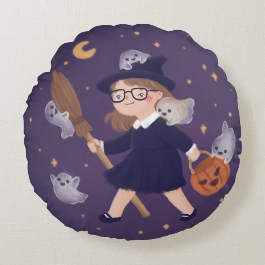 Happy Halloween Witch & Ghosts Rond Kussen (Voorkant)