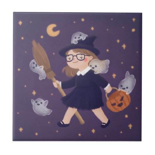 Happy Halloween Witch & Ghosts Tegeltje (Voorkant)