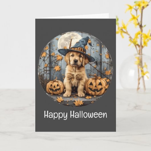 Happy Halloween Witch Golden Retriever Dog Pumpkin Kaart (Gele Bloem)