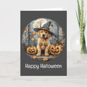Happy Halloween Witch Golden Retriever Dog Pumpkin Kaart