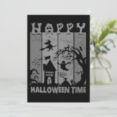 Happy Halloween Witch House Ghost Cemetery B&W Kaart (Staand voorkant)