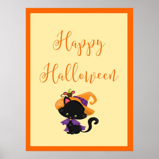 Happy Halloween Witch Kitten Oranje grens Poster (Voorkant)