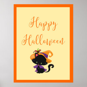 Happy Halloween Witch Kitten Oranje grens Poster