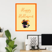 Happy Halloween Witch Kitten Oranje grens Poster (Thuiskantoor)