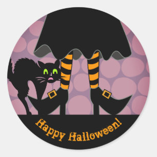 Happy Halloween Witch Legs Black Cat Paars Ronde Sticker