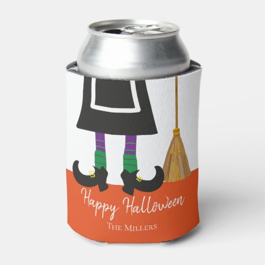 Happy Halloween Witch Legs & Broom gepersonaliseer Blikjeskoeler (Blikje Voorkant)