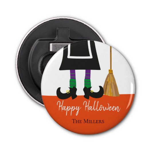 Happy Halloween Witch Legs & Broom gepersonaliseer Button Flesopener (Voorkant)