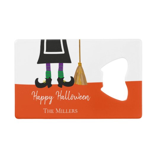 Happy Halloween Witch Legs & Broom gepersonaliseer Creditkaart Flessenopener (Achterkant Horizontaal)