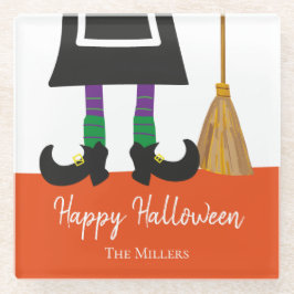 Happy Halloween Witch Legs & Broom gepersonaliseer Glazen Onderzetter
