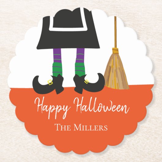 Happy Halloween Witch Legs & Broom gepersonaliseer Kartonnen Onderzetters (Voorkant)