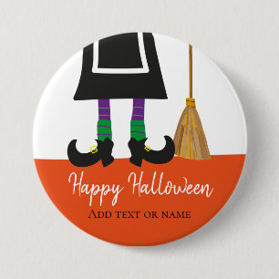 Happy Halloween Witch Legs & Broom gepersonaliseer Ronde Button 7,6 Cm