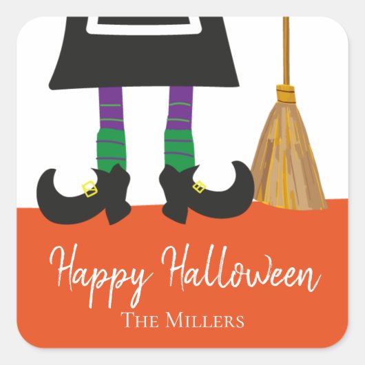 Happy Halloween Witch Legs & Broom gepersonaliseer Vierkante Sticker (Voorkant)