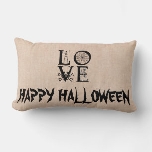 Happy Halloween Witch met haar Broom Burlap Throw Kussen