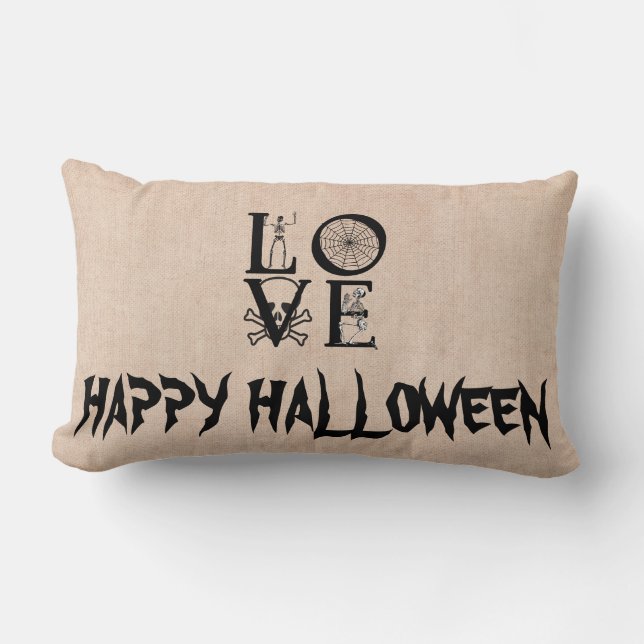 Happy Halloween Witch met haar Broom Burlap Throw Kussen (Voorkant)