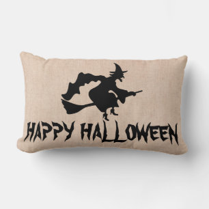 Happy Halloween Witch met haar Broom Burlap Throw Kussen