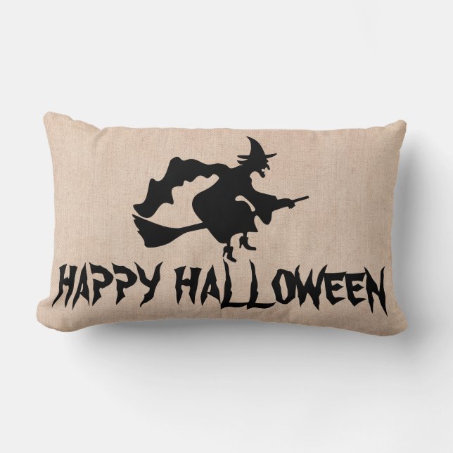 Happy Halloween Witch met haar Broom Burlap Throw Kussen (Voorkant)