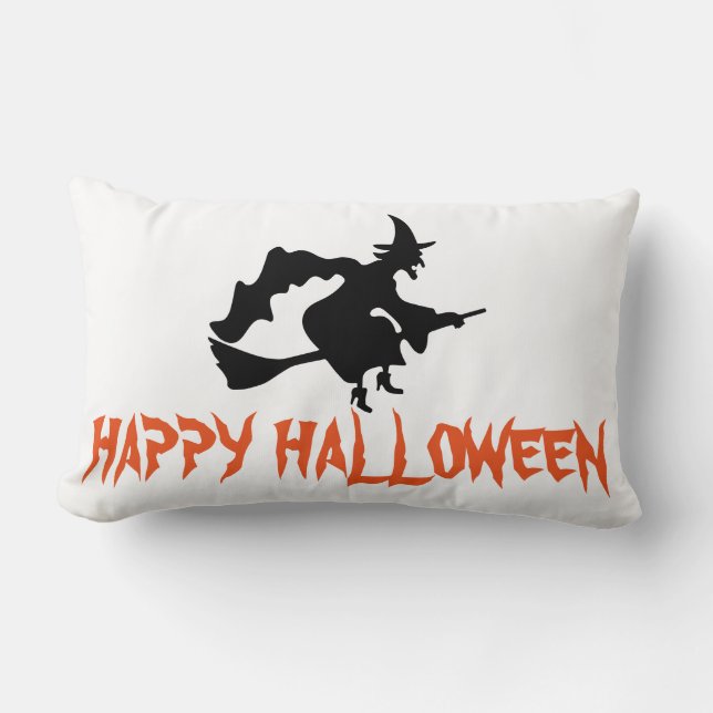 Happy Halloween Witch met haar Broom White Throw Kussen (Voorkant)