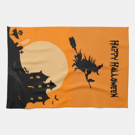 Happy Halloween Witch op een bezem Theedoek (Horizontaal)