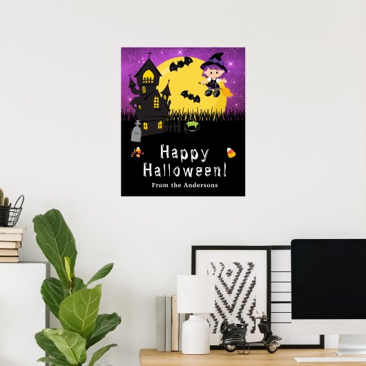 Happy Halloween Witch Paarse Party Sign Poster (Thuiskantoor)