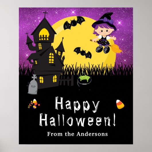 Happy Halloween Witch Paarse Party Sign Poster (Voorkant)