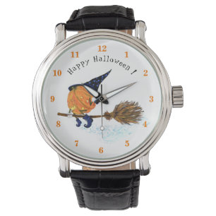 Happy Halloween Witch Pumpkin Flying Broom Fun Horloge