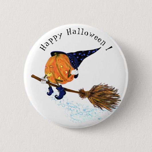 Happy Halloween Witch Pumpkin Flying Broom - Fun Ronde Button 5,7 Cm (Voorkant)