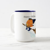 Happy Halloween Witch Pumpkin Flying Broom - Fun Tweekleurige Koffiemok (Voorkant links)