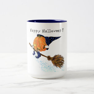 Happy Halloween Witch Pumpkin Flying Broom - Fun Tweekleurige Koffiemok