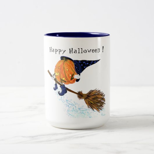 Happy Halloween Witch Pumpkin Flying Broom - Fun Tweekleurige Koffiemok (Center)
