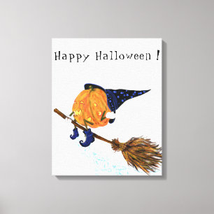 Happy Halloween Witch Pumpkin-vliegende kamer - gr Canvas Afdruk