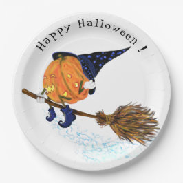 Happy Halloween Witch Pumpkin-vliegende kamer - gr Papieren Bordje